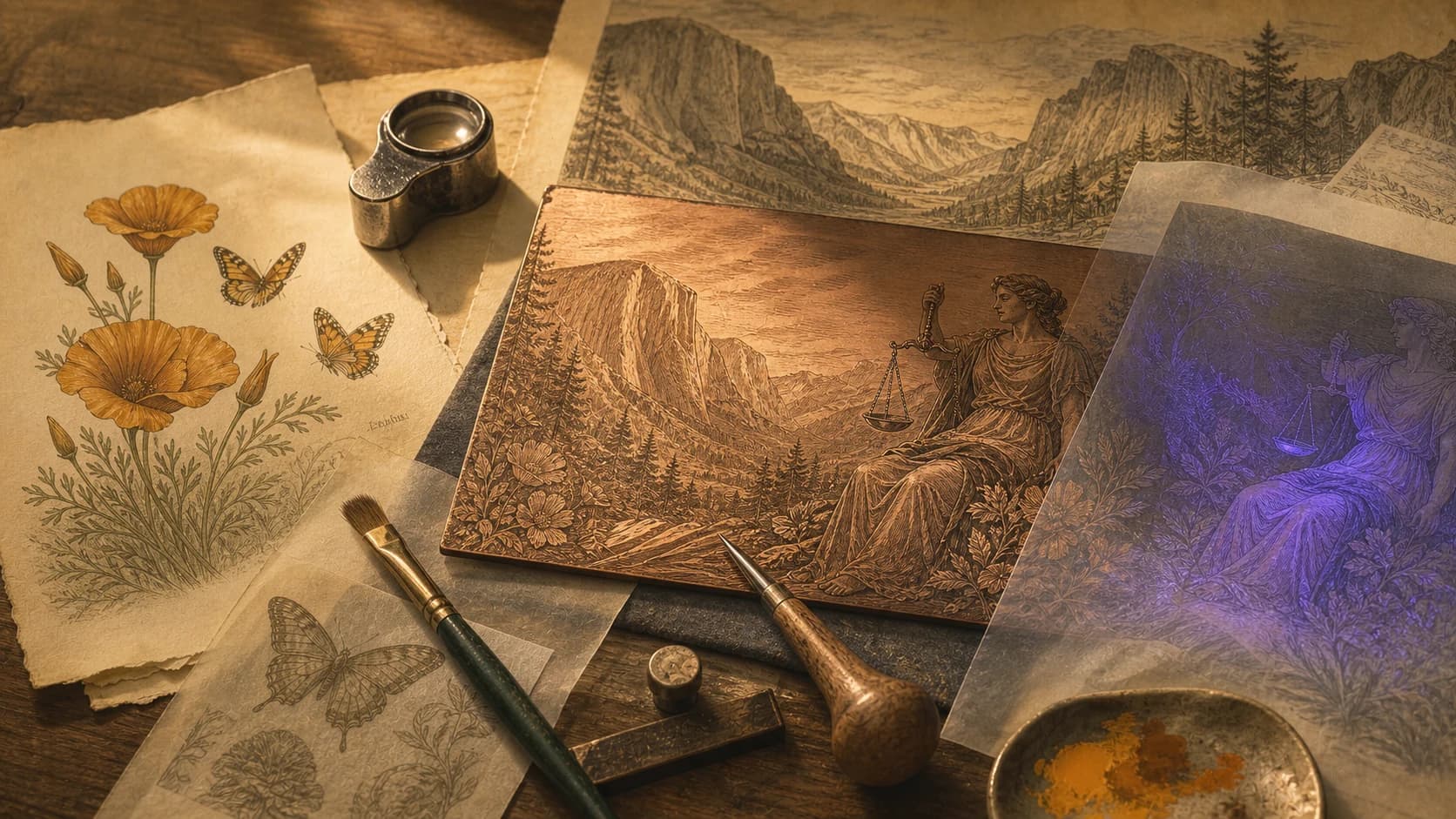Engraving tools, poppy studies, and visible and ultraviolet versions of a California virtue design