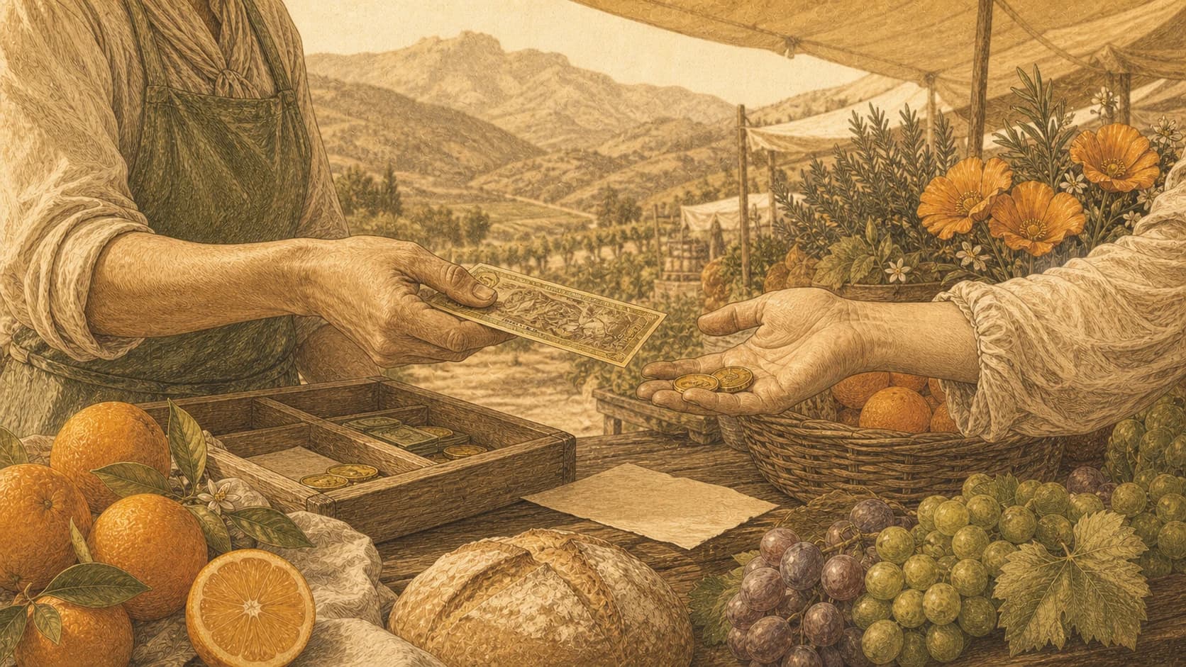 A Goldback exchanged for coins at a California produce market with citrus and grapes